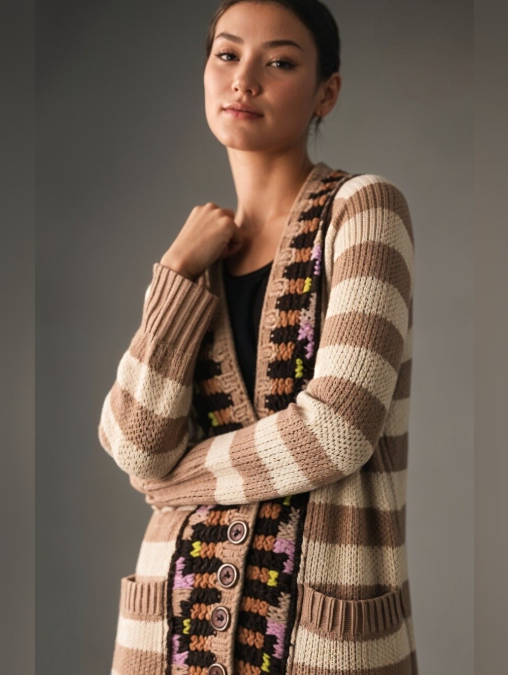 Anthropologie Sparrow Striped Button-Down Cardigan-Cream & Tan
